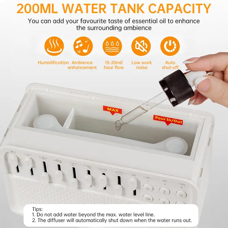 8 - Adjustable - White - Noise Air Aroma Diffuser Humidifier with Night Light and Bluetooth Speaker V.I.P Digital Presence