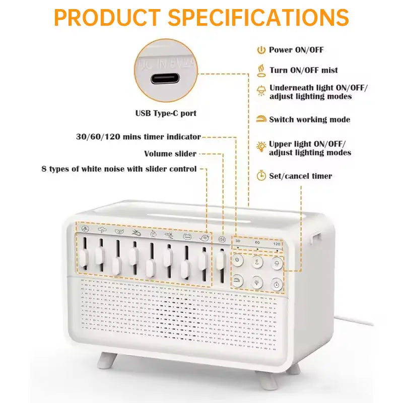 8 - Adjustable - White - Noise Air Aroma Diffuser Humidifier with Night Light and Bluetooth Speaker V.I.P Digital Presence